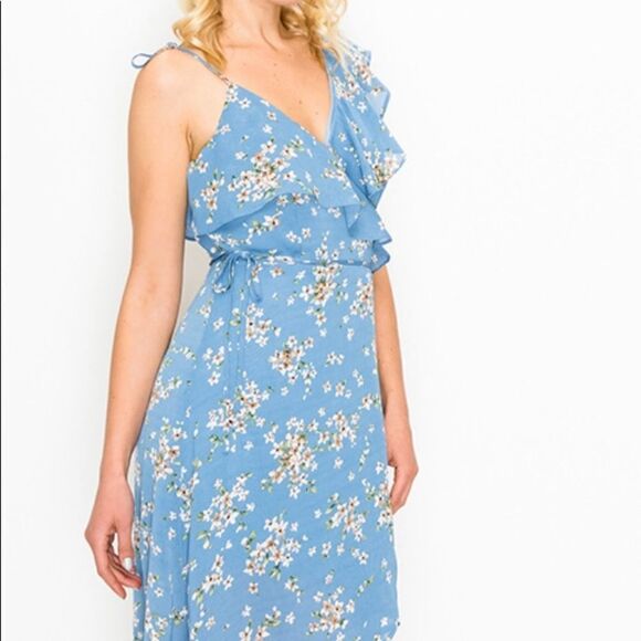 Cornflower Blue Dress Floral Wrap Med Lg - Picture 1 of 9